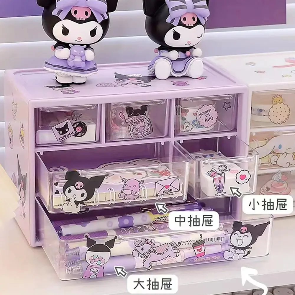 Desktop Storage Box MINISO Sanrio Storage Box Desktop Drawer-type Transparent Organizing Box Desk Pen Holder Send Kuromi Melody Cinnamoroll Stickers