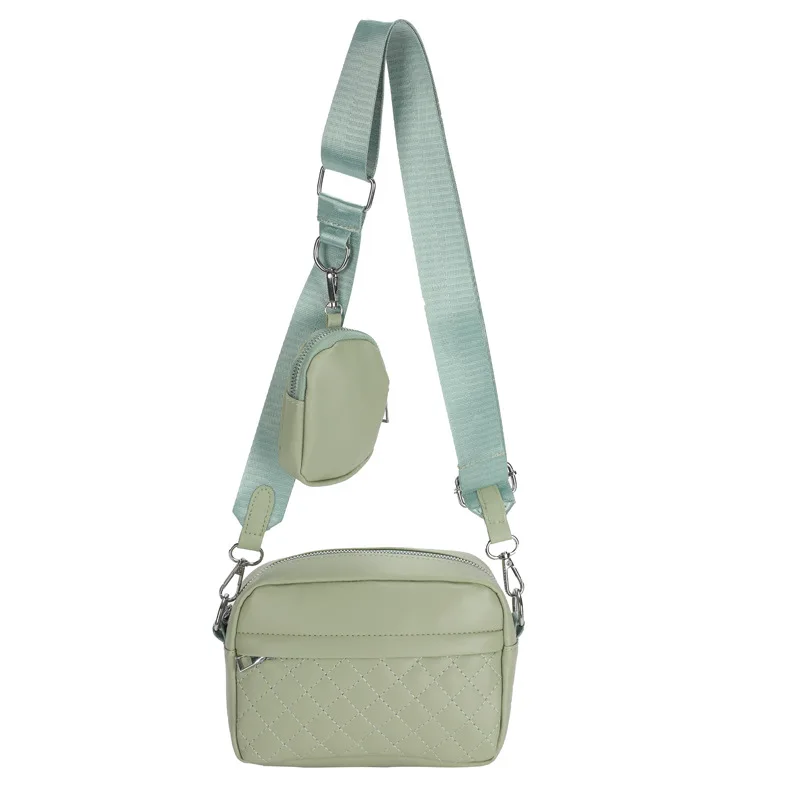 

PU Leather Fashion Women Crossbody Bag Diamond Lattice Pattern Wide Strap Shoulder Bags Solid Color Small Coin Purses