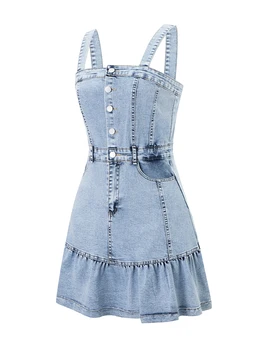 Women s Sleeveless Denim Jumpsuit with Button Up Front and Square Neckline Solid Color Overall Mini Dress for Summer Beachwear 5
