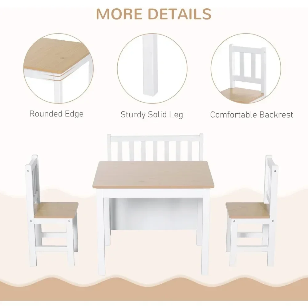 4-Piece Kids Table Set with 2 Wooden Chairs, 1 Storage Bench, and Interesting Modern Design, Natural/White