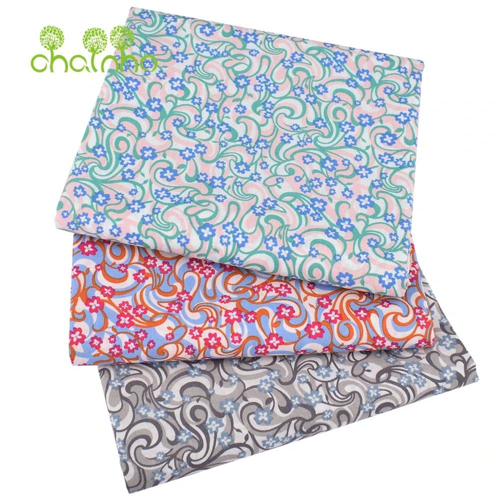 Chainho,Printed Plain Weave Poplin Cotton Fabric,DIY Sewing Quilting Material,Patchwork Cloth,Flower Series,4 Sizes,PCC73