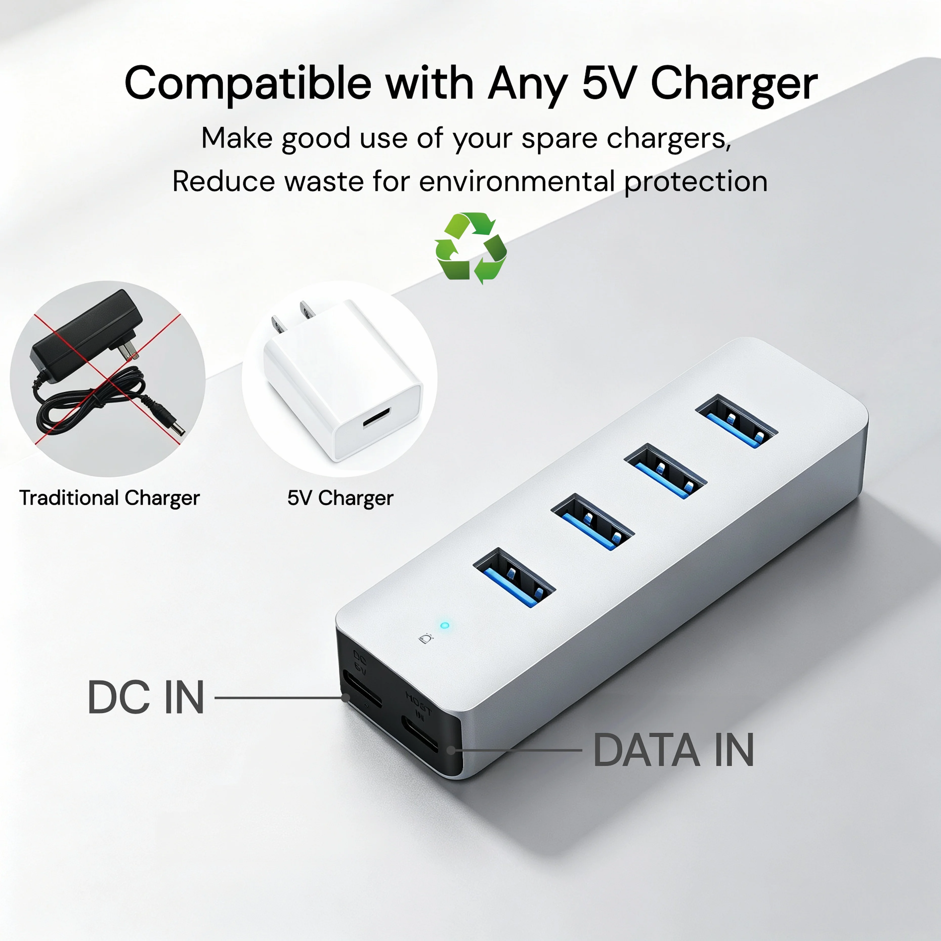 High-Speed 4-Port Aluminum USB 3.0 Hub with Long Cable