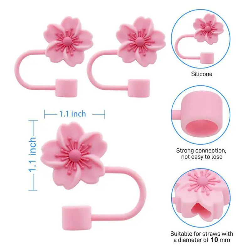 Begonia Flower Straw Cover Caps Silicone Straw Stopper 10mm Reusable Dust-Proof Straw Tips Lids For Stanleys Cup Party Decor