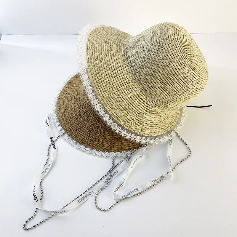 

OMEA Summer Straw Hat Lace Floral Edge Beach Hat Women Windproof Letter Ribbon Chain Travel Wide Brim Sun Hat Elegant Bucket Hat