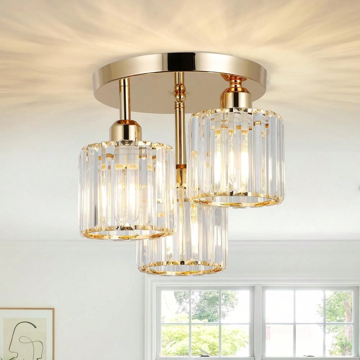 3-Light Modern Semi-Flush Mount Ceiling Light, Gold Crystal Glass Close To Ceiling Lighting Fixture For Kitchen Hallway Bedroom