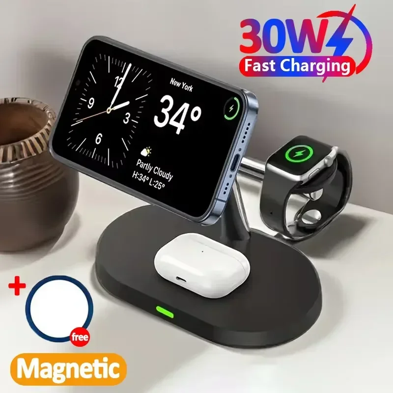 30W 3 In 1 Magnetic Wireless Charger Stand Fast Charging Dock Station for iPhone 16 15 14 13 Pro Max Apple Watch 8 7 Airpods Pro