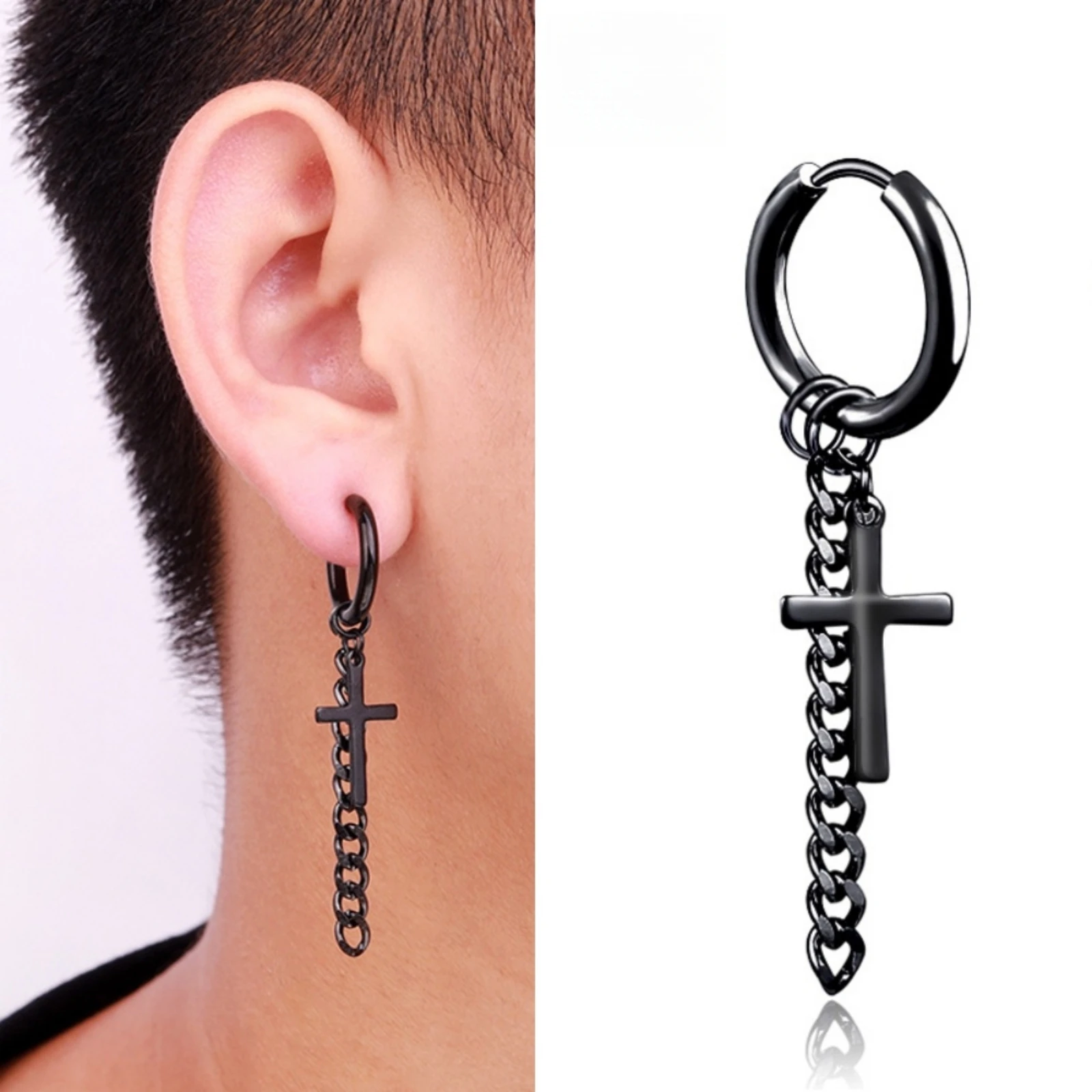 Set 12 Orecchini A Cerchio Pieghevoli In Acciaio Inox 316 – Ciondoli A Catena Lunga, Stile Punk Gotico, Argento - 2
