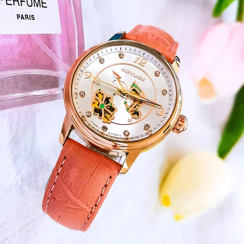 

AOKULASIC Luxury Woman Watches Automatic Mechanical Leather Wristwatch Female Fashion Dress Business New Ladies Clock Bracelet