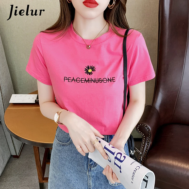 

Summer Pink Tops T-shirts Embroidered Daisy T-shirt Woman O-neck Short Sleeved Fashion Casual Women's Tee Shirts White Black