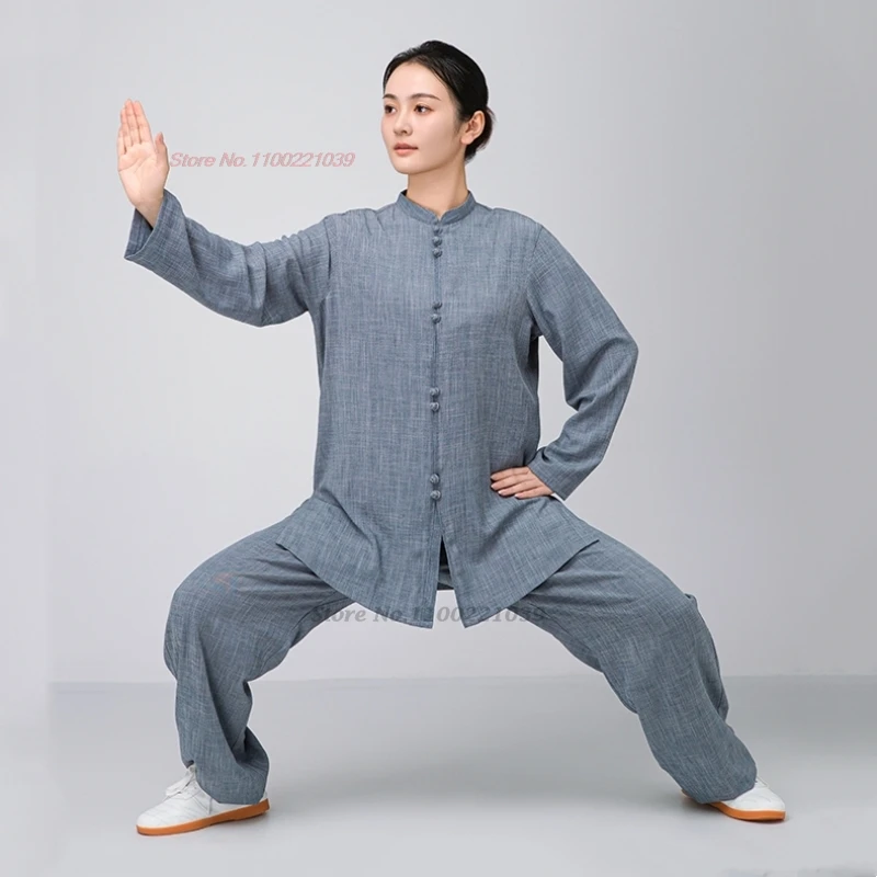 

2024 chinese tai chi uniform wushu morning exercise tops+pants set cotton linen training exercise stage performance kung fu set