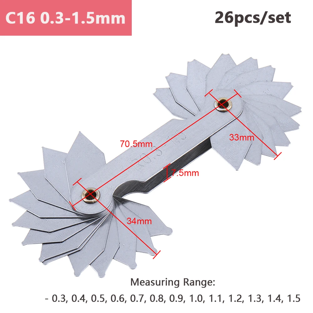Description Picture 3 of item16-34pcs/Set Radius Gauge Stainless Steel Screw Thread Pitch Cutting Gauges Tool Set Sample R Gauge Industrial Measuremt Tool
