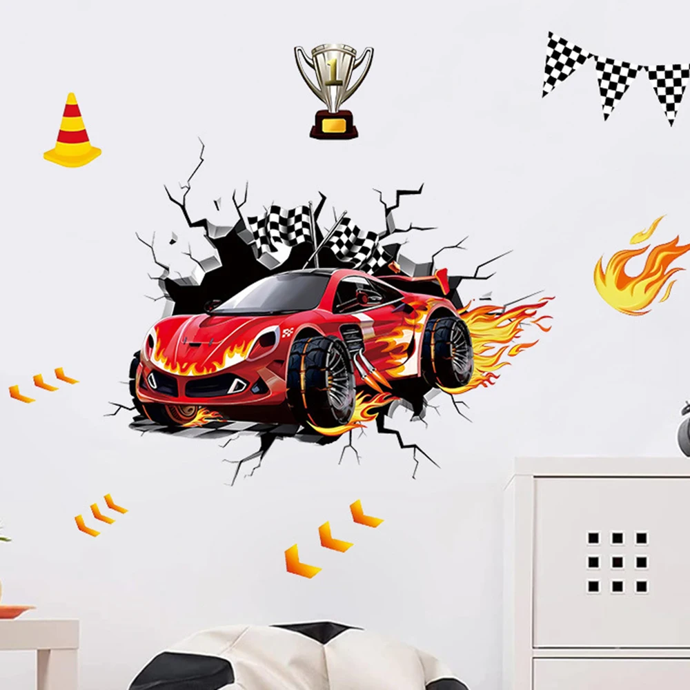 3D Racing Car Wall Decals for Kids Room Monster Truck Break Through Wall Sticker Peel Decal for Baby Boys Bedroom Playroom Decor 6