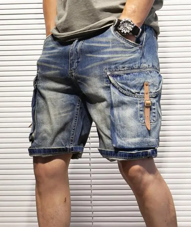 Summer Men's Loose Straight Leg Denim Shorts Multiple Pockets Outdoor Knee Length Jean Shorts