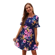 

Shiying Europe and America2022New Floral Dress Women's Amazon Cross-Border round Neck Ruffle Sleeve Pullover Short Dress