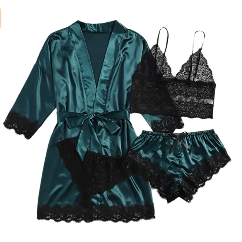 robe bralette sleepwear Black Stripe Robe and Pajamas set Women Silk Satin Lace Sleepwear