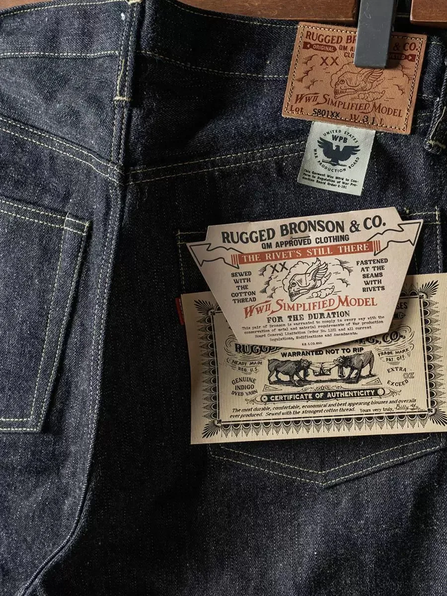 Rugged Bronson S801XX Slub Raw Selvage Denim Jeans 1943 Vintage Waist Overalls Rigid 5