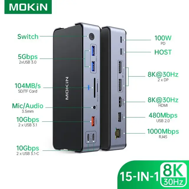 MOKiN USB C Hub Usb Type C Док-станция для ноутбука Многопортовый адаптер HDMI RJ45 PD3.0 USB-A 2.0 3.0 SD/TF DP для Macbook Windows 1