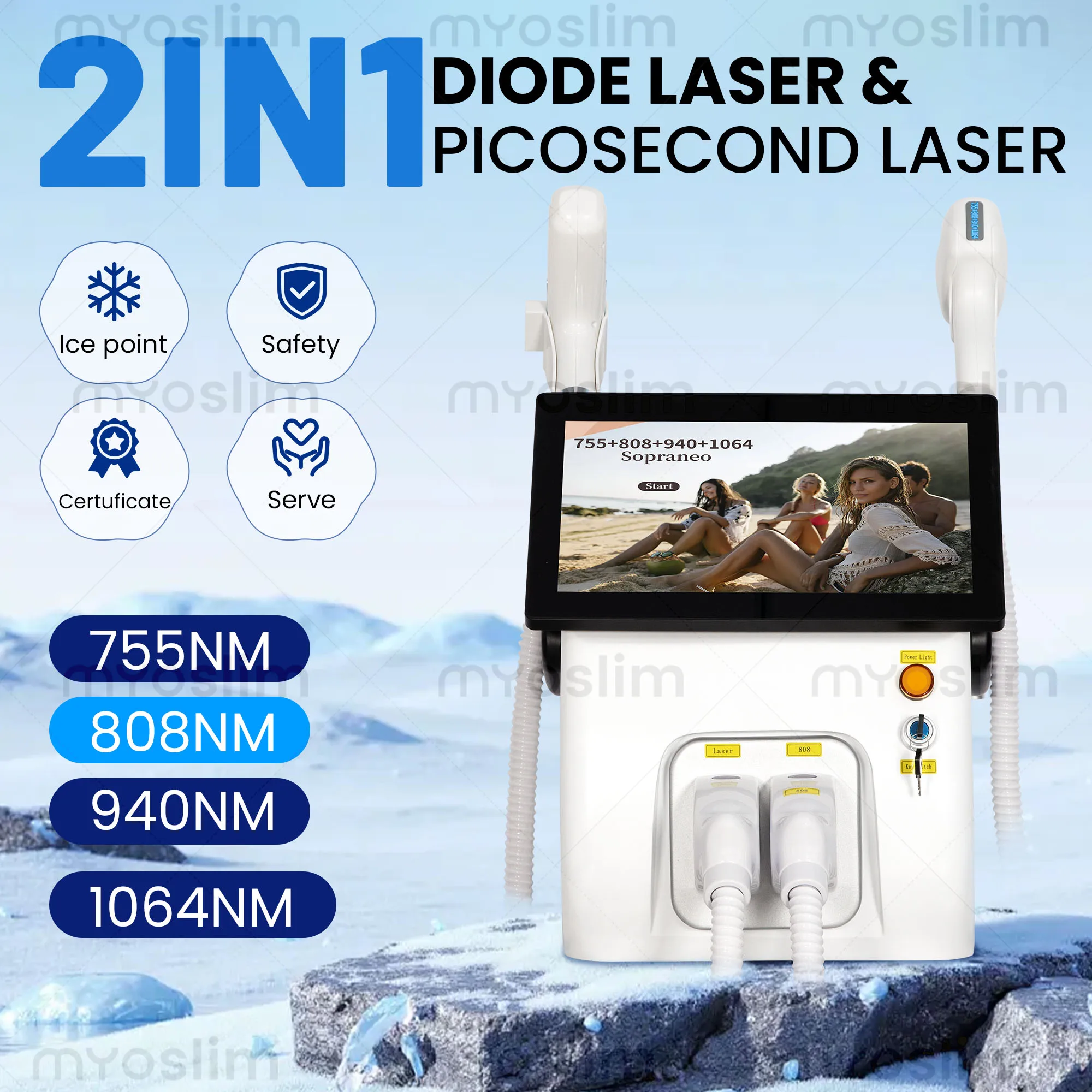 Máquina Profesional 2 en 1 de 5000W y 10 Barras con Diodo de 4 Ondas 808 para Depilación Permanente Indolora y Eliminación de Tatuajes con Picosegundos