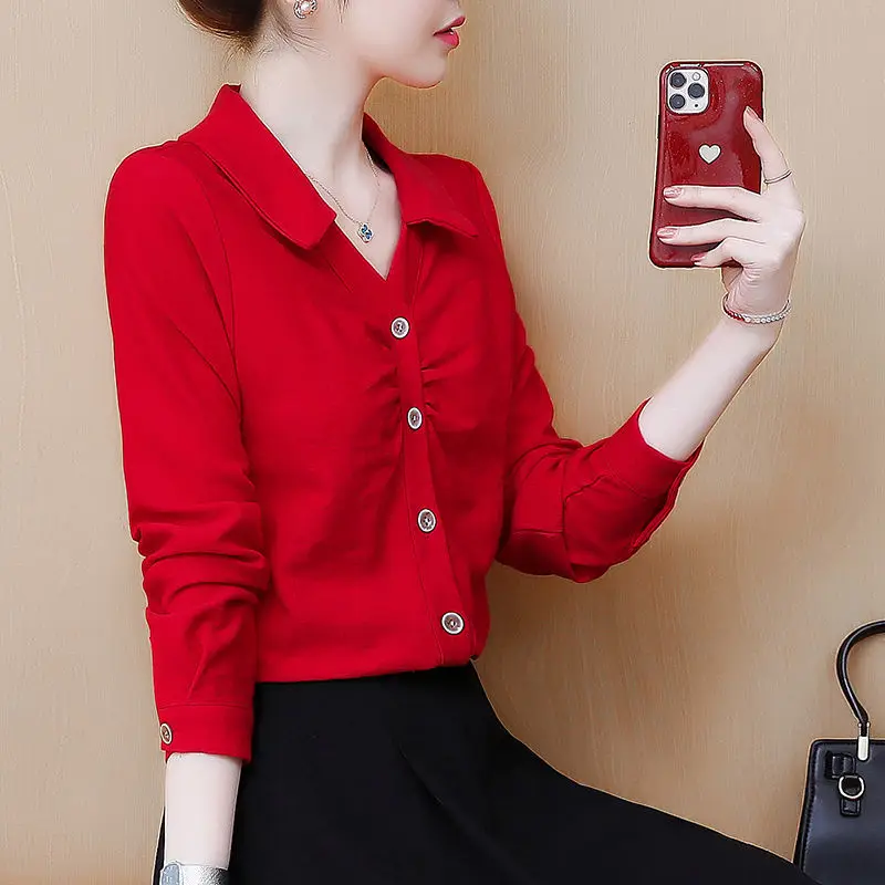 Fashion Office Lady Long Sleeve Button Shirt Elegant Basic Turn-down Collar Folds Solid Color All-match Blouse Women's Clothing