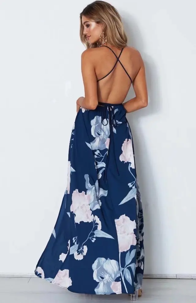 Women's Strap Floral Print Lace Up Backless Deep V Neck Sexy Split Beach Maxi Dress bodycon dress