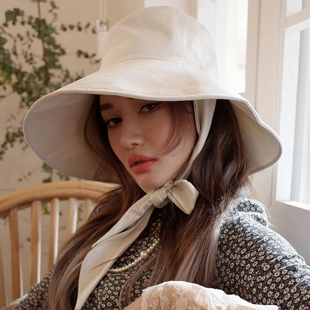 wide Brim Bucket Hat with String Women Korean Version Big