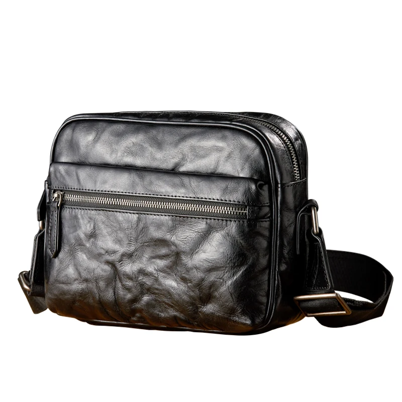 Casual Retro Genuine Leather Crossbody Bag Handmade Top Layer Cowhide Leather Shoulder Bag For Men Zipper Office Messenger Bag