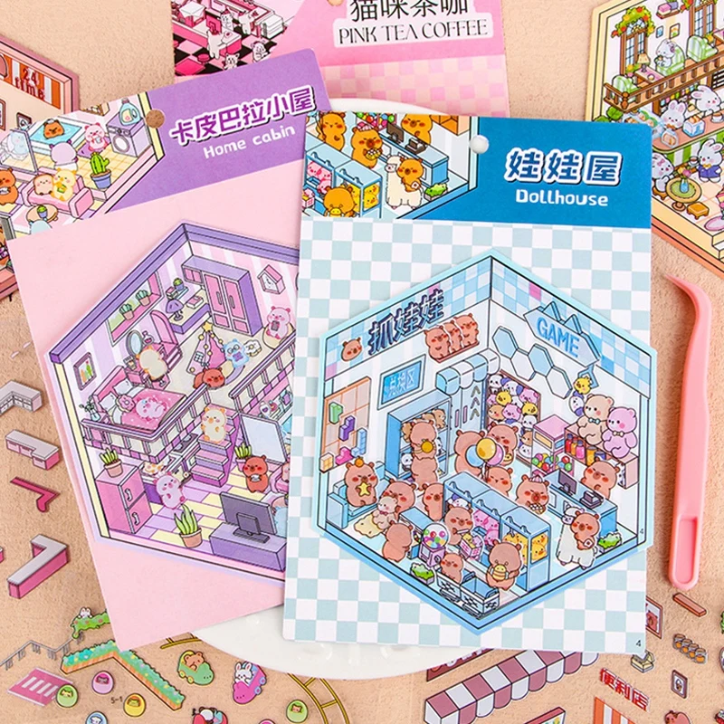 3D Landscaping Stickers Cute Cartoon Miniature Cabin Scene Stickers DIY Stacking and Pasting Sticker Kids Adults Gift
