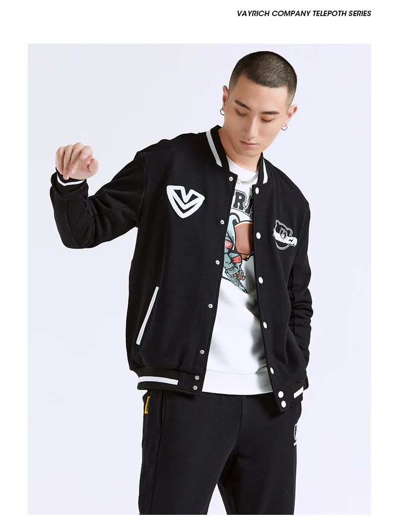 Lightning Bear Vayrich Branded Cotton Full-Snap Baseball Bomber Jacket Streetwear Hip Hop Unisex College Casual Outerwear Coats