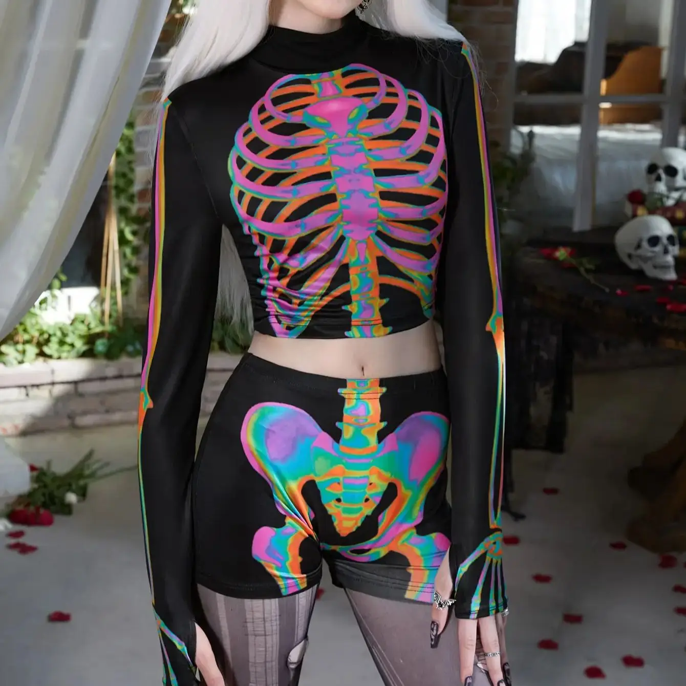 Halloween Bungee dance role play two-piece human skeleton set &middot; Design sense print Spice Girl style