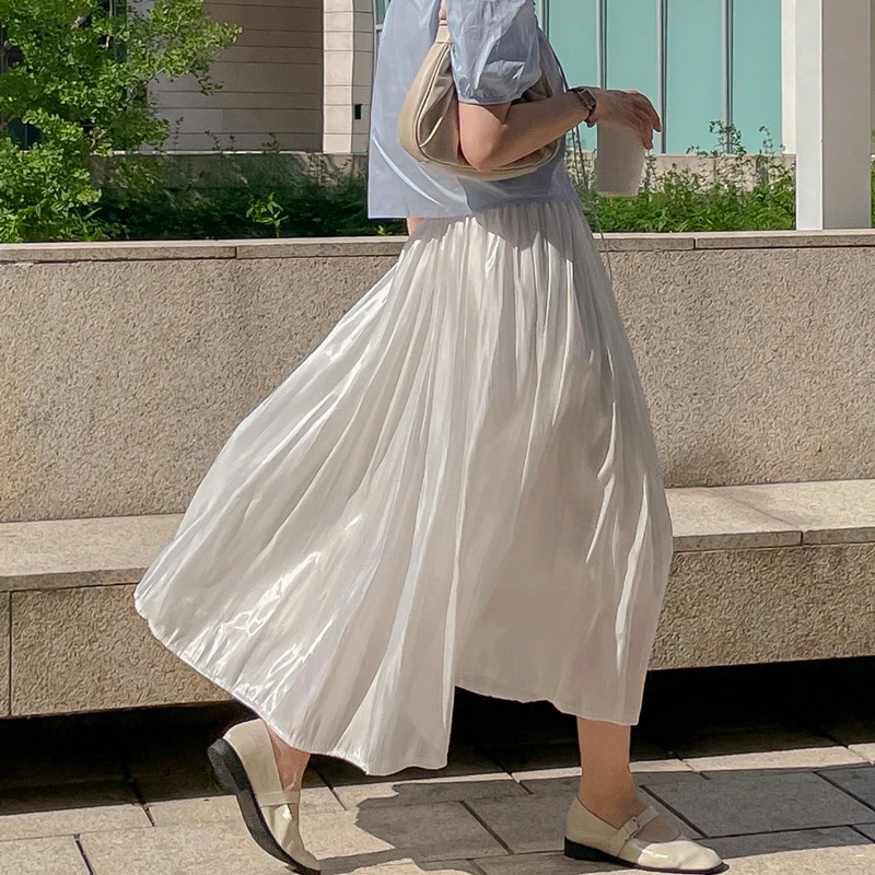 

2023 New Arrival Summer Korean Style Women Loose Casual Solid A-line Mid-calf Skirt All-matched Elastic Waist Skirts V273