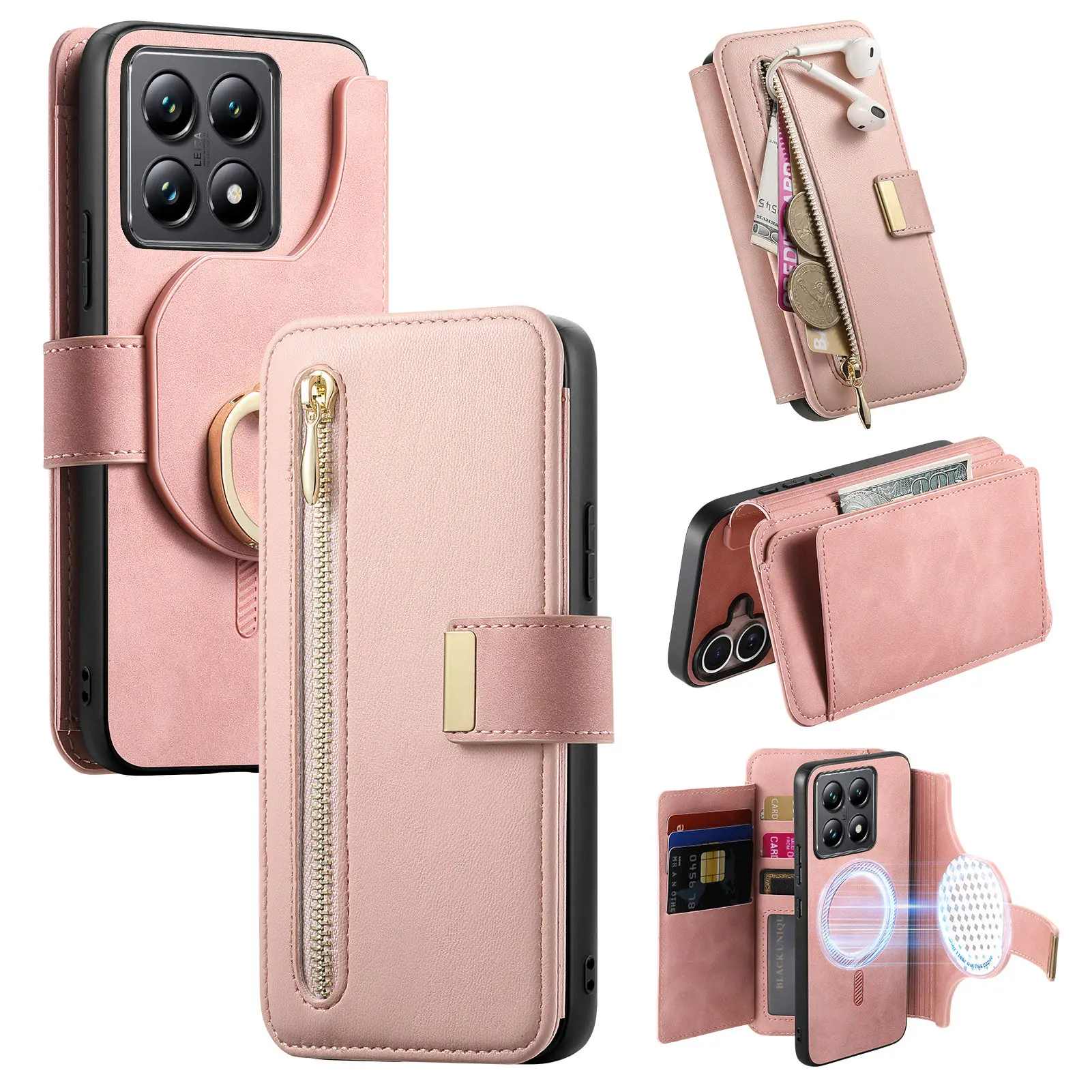 2-in-1 Detachable Zipper Wallet Leather Case with Magnetic Removable Cover