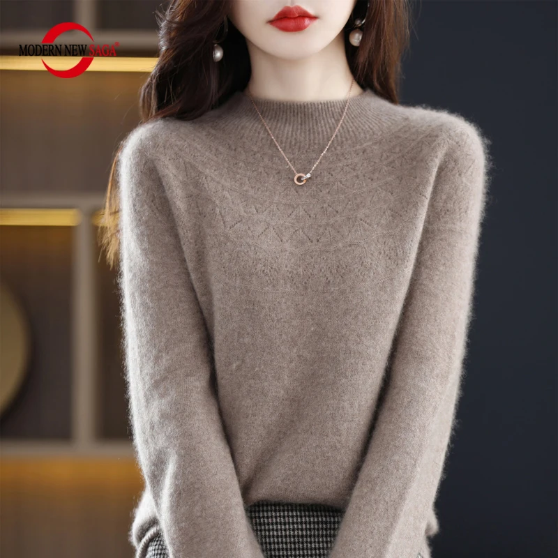 

MODERN NEW SAGA Women Sweater 100% Wool Turtleneck Winter Warm Knit Pullover Knitwear Female Sweaters Knit Tops Korean Fashion