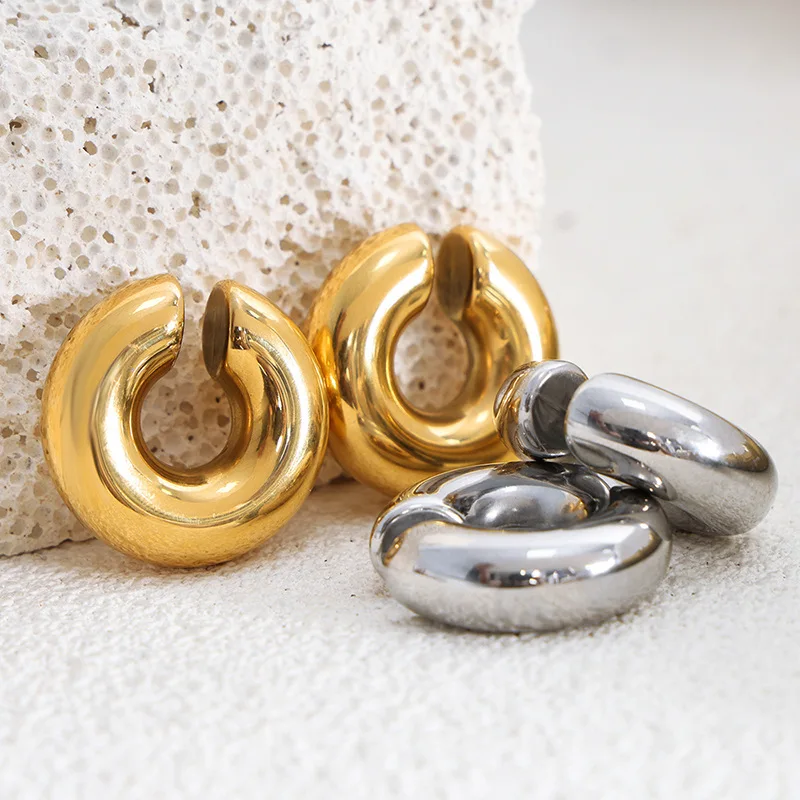 ear clip earrings Exaggerated Ear Clip Earrings Minimalist Thick Glossy Geometric Earrings Women Fashion Gold Color Silver Color Ear Jewelry