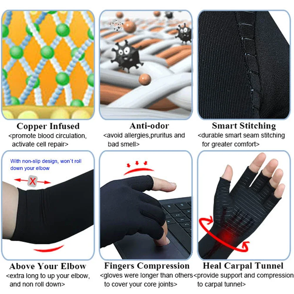 Copper Long Arthritis Gloves Long Wrist Compression Arm Sleeve Carpal Tunnel Fingerless Hand Gloves 1Pair For Men Women