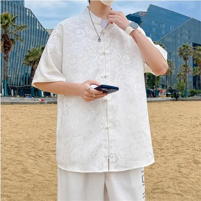 

Summer New Men Short-sleeved Jacquard Shirt Chinese Retro Style Male Holiday Holiday Leisure Thin Section Stand-up Collar Tops