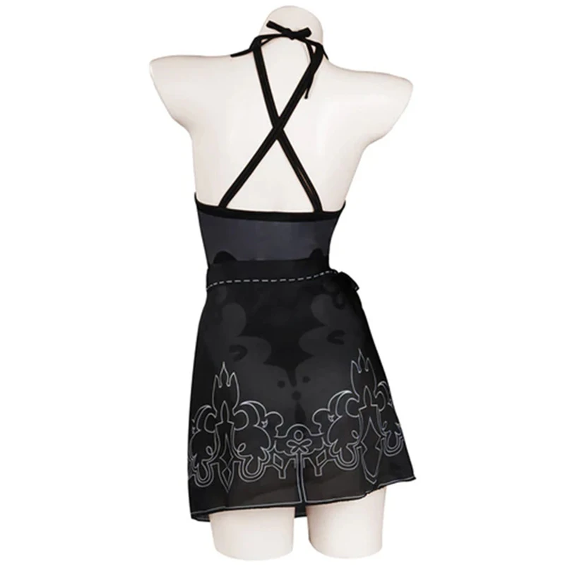 Anime Game Nier Automata Yorha 2B Cosplay Costume Sexy Hollow Two Piece Bikini Swimsuit Halter Neck Swimwear Bathing Suit Set