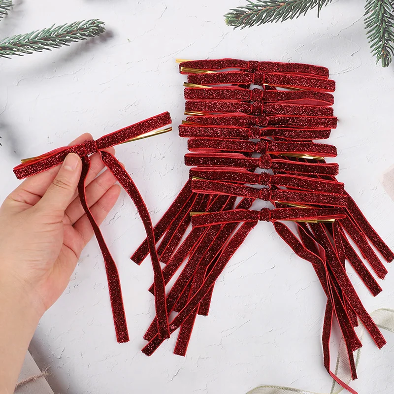 12pcs Red Gold Velvet Bow Christmas Tree Hanging Ribbon Bow Glitter Ornaments DIY Crafts 2025 Christmas Party Gift Decorations