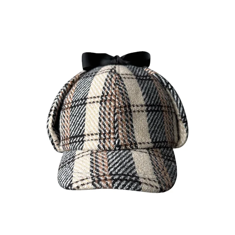 Unisex Sherlock Holmes Deerstalker-Mütze im britischen Stil für Herbst und Winter, Wollmischung, kariert, doppelte Krempe, Ohrenwärmung, trendiger Detektiv – Detail 3