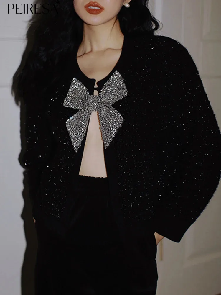 

PEIRESA Casual Rhinestone Cardigans Sweaters for Women 2023 Autumn Winter New O Neck Long Sleeve Streetwear Jacket Knitwear Tops
