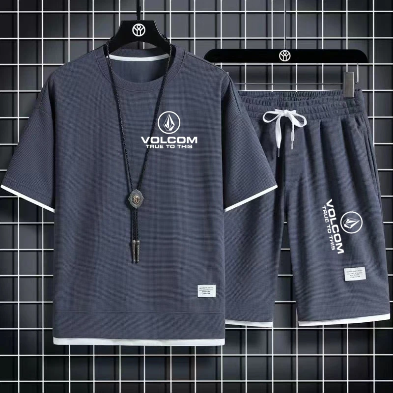 2024 VOLCOM New Man Tracksuits 2 Piece Short Sleeve Suits Printing T-shirt +Sweatpants Sets Sutdent Casual Summer Sport Clothes 4