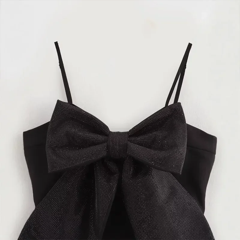Camiseta sin mangas con lazo grande y lentejuelas para mujer, negra, sin mangas, sin espalda, con cremallera, estilo Y2K, ropa de fiesta para mujer
