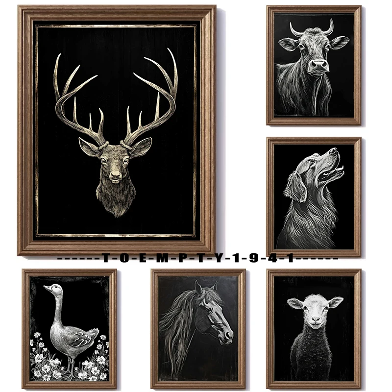 Blackboard Animals Art Poster Canvas Printing Deer Buck Sheep Cow Dog Animal Dark Wall Decor Farmhouse Aesthetic Decoration Gift