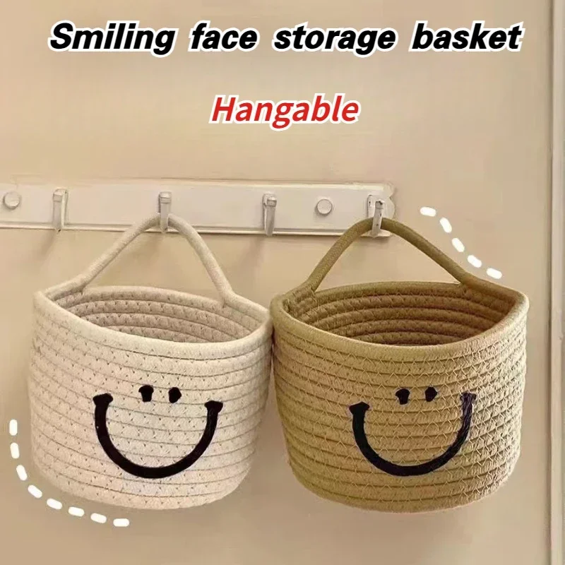 

Smile Face Cotton Rope Woven Large Capacity Multifunctional Desktop Storage Baskets Hangable Use Thickening INS Home Decoration