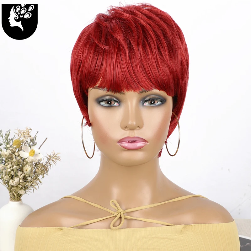 

Short Red Straight Wavy Layered Hair Synthetic Wigs With Bangs For Women Pixie Cut Puffy Hair Heat Resistant Fiber Cosplay Wigs