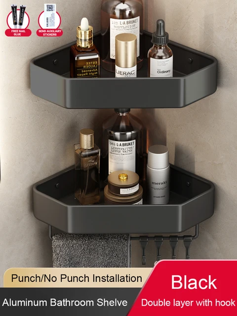 Étagère d’Angle de Salle de Bain Sans Perçage – Panier Mural en Aluminium pour Rangement Douche 11