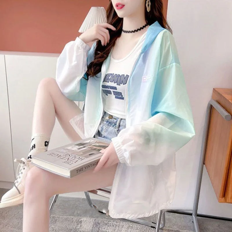 Loose Hooded Sunscreen Clothes Women's 2024 New Summer Wild Thin Coats Student Thin Zipper Jacket Colorful Tide Mermaid white384
