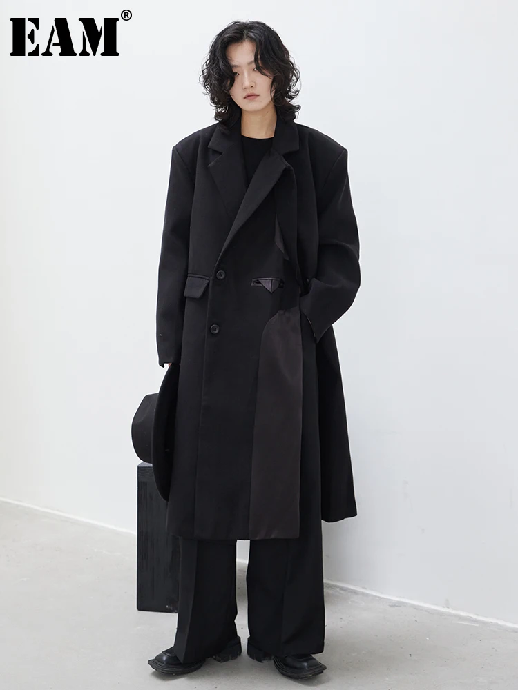 

[EAM] свободное черное повседневное шерстяное пальто большого размера Новая женская куртка с отворотом и длинным рукавом модная осенне-зимняя 2024 1DH0061