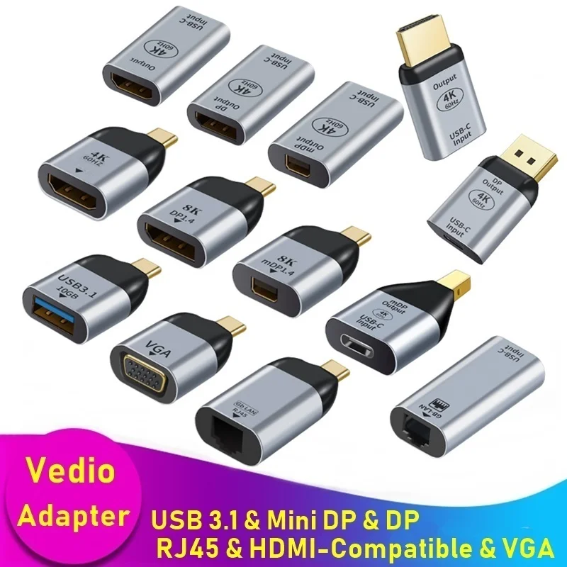 Adaptateur Usb Type C Mâle Vers Usb/hdmi/dp/vga/mini Dp/rj45 Femelle 4k