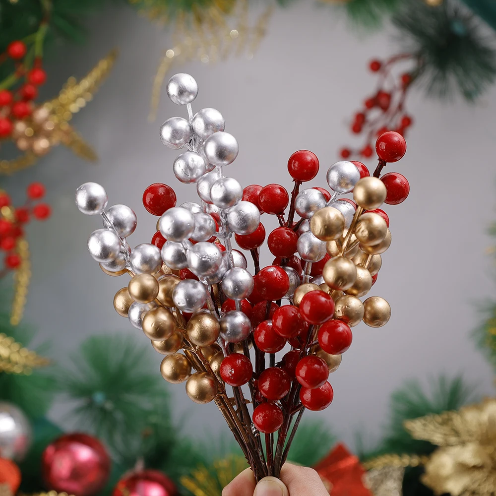 20/1Pcs Artificial Holly Berry Branches 7 Heads Fake Red Gold Holly Berries Flower Bouquet DIY Xmas Tree New Year Party Decors