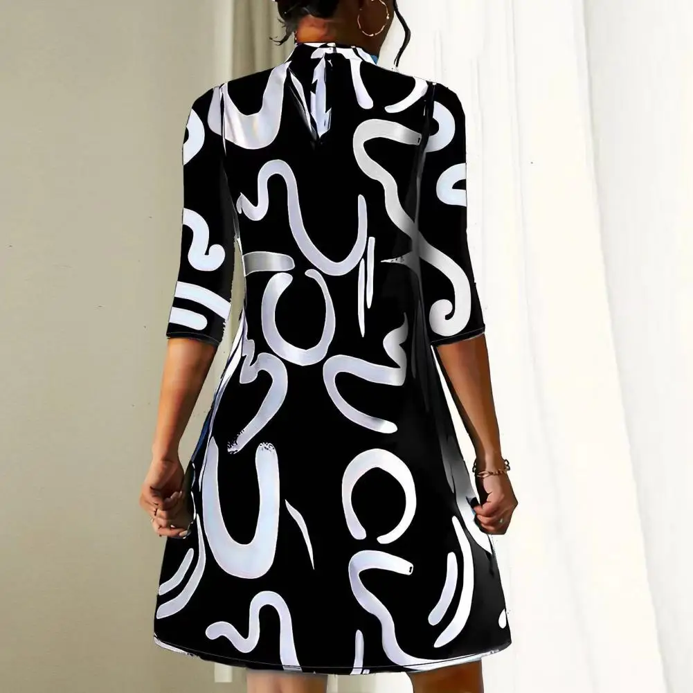 

Soft Mini Dress Vintage-inspired Printed Mini Dress with Half-high Collar Long Sleeves for Women Loose Fit Soft Warm for Fall